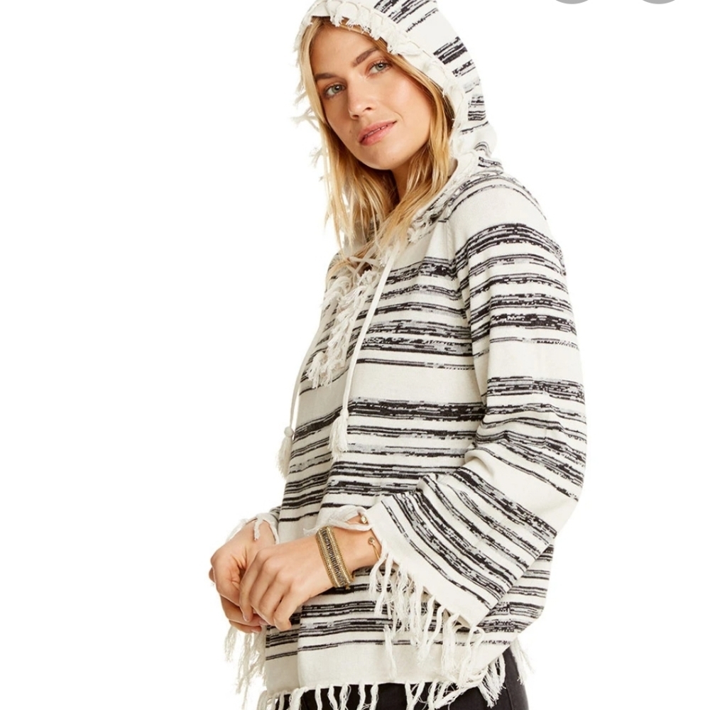 Chaser Linen Blend Fringe Trim Hooded Sweater sz Large